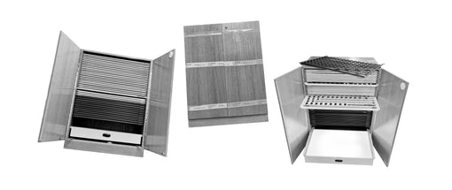 Drei Ansichten eines Diaschranks der Marke Kindermann. In den Ausziehschubladen befinden sich Dias, die durch den intgrierten Leuchttisch betrachtet werden können.