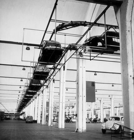 Finished car bodies on their way to the chassis